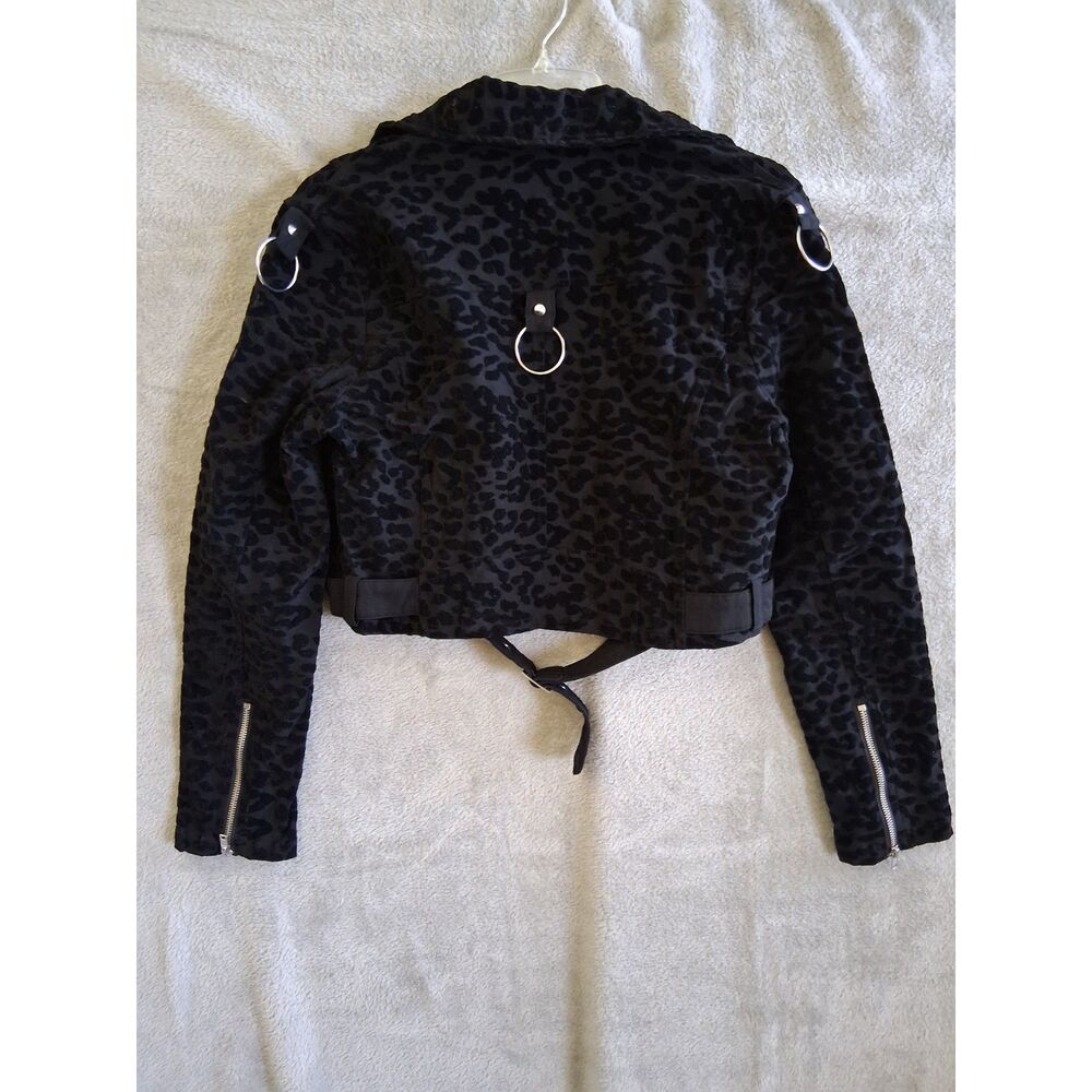 Killstar Sz Lg Claw Black Biker Cropped Jacket Flocked Leopard Print Goth New - Picture 2 of 12